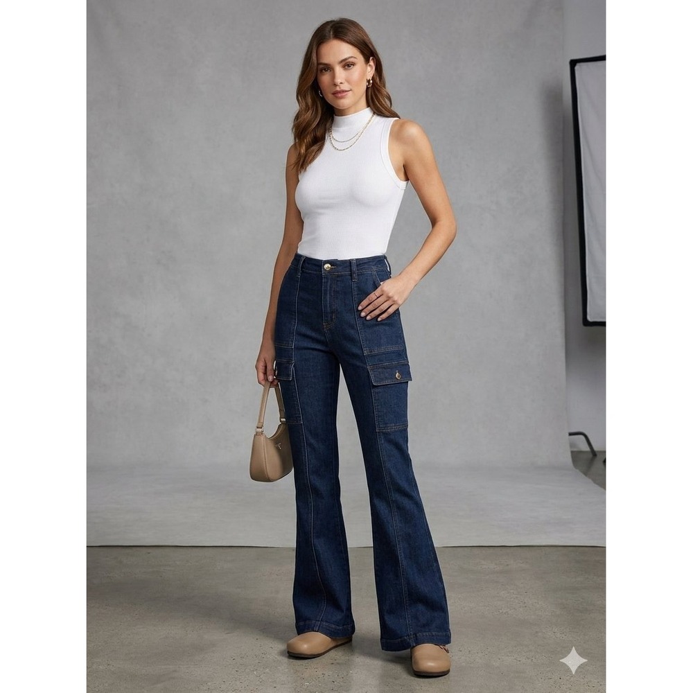 INC Jeans Women Sz 10/30 Dark Blue High Rise Flare Jeans Cargo Trouser Boho Chic